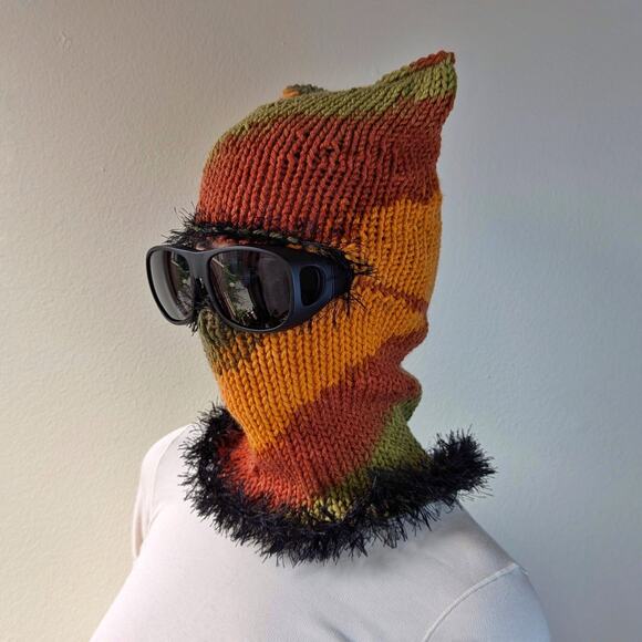 Sunset Multicolor Grunge Fuzzy Knit Handmade Cat Ears Balaclava Winter Hat - Picture 3 of 9